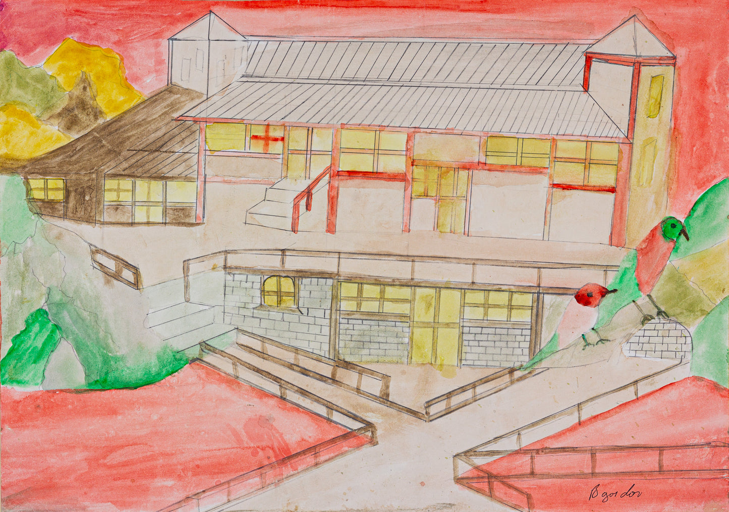 Barrington / Red sky building, crossing roads in foreground